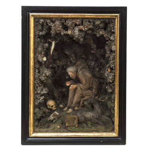 Kastenbild mit Wachsarbeit. Süddeutsch, um 1780. Hl. Eremit (Antonius?). Leicht besch. 61 x 46 x 24 cm.