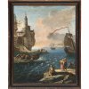 18./19. Jh. Mediterrane Hafenszene mit Leuchtturm und Kogge. Öl/Lw. 85 x 67 cm. Rest., doubl. Unsign.