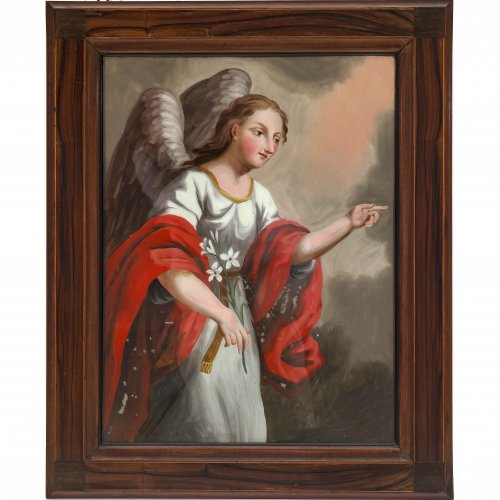 Hinterglasbild. Italien, um 1800.  Engel der Verkündigung. Tempera/Glas. Min. Farbabrieb. 54,5 x 40 cm.