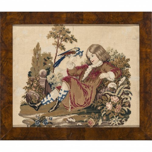 Rahmen mit Gros-point-Stickarbeit. Mädchen mit Singvogel. Leicht besch. 59 x 71 cm.