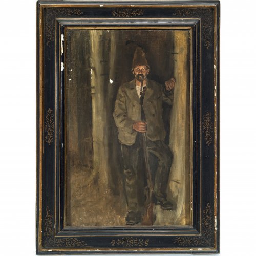 Damberger, Josef. Jäger mit Gewehr und Pfeife. Öl/Holz. 55 x 35 cm. Besch. (Farbablösungen). Sign.