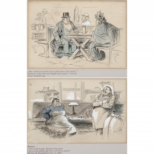 Engl, Josef Benedikt. Zwei Karikaturen: In der Bäckerei bzw. in der Gaststube. Farbig gehöhte Kohlezeichnungen. Je 31 x 45 cm. Monogr., eines dat. 98.