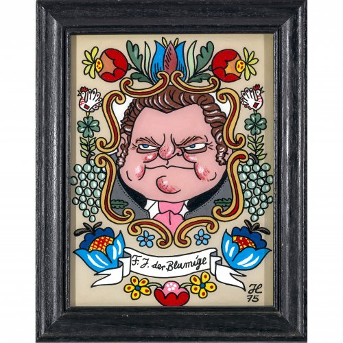 Hanitzsch, Dieter. Karikatur auf Franz Josef Strauß. Hinterglasbild. Tempera/Glas. 23 x 17 cm. Monogr., dat. 75.