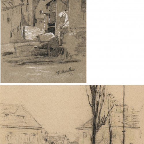 Wirnhier, Friedrich. Zwei Bleistiftzeichnungen: Wochenmarkt bwz. Altstadt. 19 x 24 cm und 34 x 22 cm. Sign., dat. 32, 33. Rückseitig Nachlassstempel.