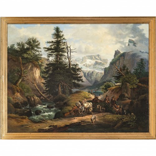 Mühlig, Meno. Tiroler Jäger in Alpenlandschaft mit erlegtem Hirsch, von Pferdegespann gezogen. Öl/Lw. 81 x 105 cm. Rest., doubl. Sign.