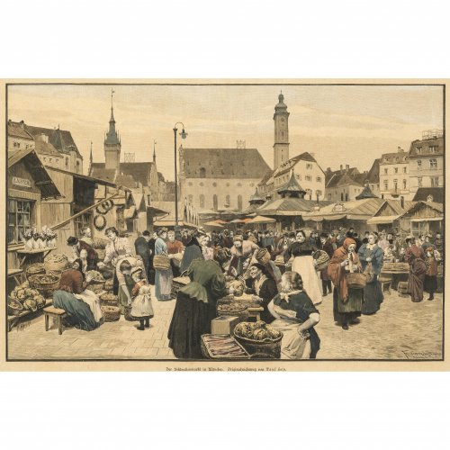 Zwei kol. Stiche: Auf dem Viktualienmarkt bzw. Der Metzgersprung am Fischbrunnen auf dem Marienplatz. Nach Amling bzw. Paul Hey. 22 x 32 cm bzw. 31 x 50 cm.