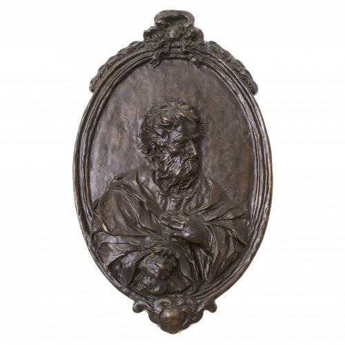 Deutsch, 19. Jh. Bronzetafel (Relief). Darstellung eines reichen Mannes mit einem Geldsack. 39,5 x 24,5 cm. Unsign.