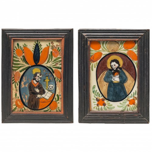 Zwei Hinterglasbilder. Raimundsreut, 19. Jh. Herz Jesu und hl. Franziskus. Tempera/Glas. Eines mit starkem Farbabrieb. Je ca. 19 x 12 cm.