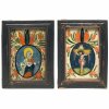Zwei Hinterglasbilder. Raimundsreut, Mitte 19. Jh. Maria in der Hoffnung und Christus am Kreuz. Tempera/Glas. Eines mit Farbabrieb. Je ca. 20 x 14 cm.