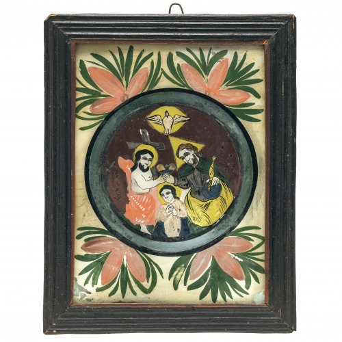 Hinterglasbild. Raimundsreut, Mitte 19. Jh. Hl. Dreifaltigkeit mit Krönung Mariä. Tempera/Glas. Farbabrieb. 26,5 x 19 cm.