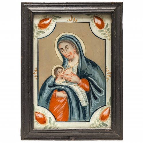 Hinterglasbild. Buchers/Sandl, um 1820. Maria lactans. Gnadenbild von Guttenbrunn. Tempera/Glas. Rückwand erg. 33,5 x 22,5 cm.