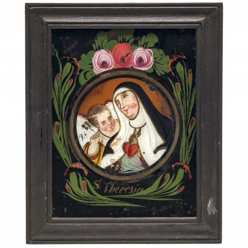 Hinterglasbild. Oberammergau, 19. Jh. Hl. Theresia mit dem Engel. Tempera/Glas. Farbabrieb. 23 x 17,5 cm.