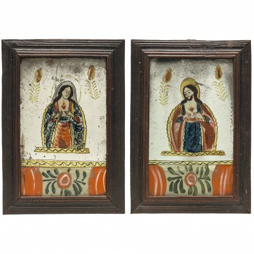 Zwei Spiegelglasbilder. Raimundsreut, um 1820. Herz Mariä bzw. Herz Jesu. Tempera/Glas. Je 26,5 x 16,5 cm.