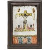 Spiegelglasbild. Raimundsreut., 19. Jh. Christus am Kreuz zwischen Armen Seelen. Tempera/Glas. 26,5 x 16,5 cm.