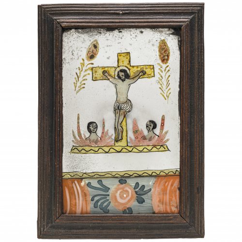 Spiegelglasbild. Raimundsreut., 19. Jh. Christus am Kreuz zwischen Armen Seelen. Tempera/Glas. 26,5 x 16,5 cm.