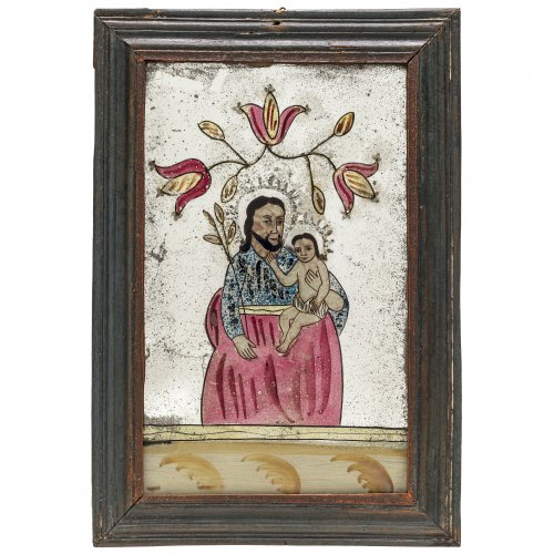 Spiegelglasbild. Raimundsreut, 19. Jh. Hl. Josef mit dem Jesuskind. Tempera/Glas. Rest., Rückwand erg. 26 x 16 cm.