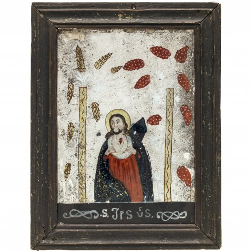 Spiegelglasbild. Buchers, 1. Hälfte 19. Jh. Herz Jesu. Tempera/Glas. Alterungsspuren, rest. 26 x 18,5 cm.