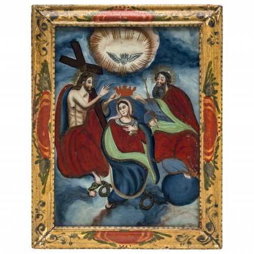 Hinterglasbild. Murnau/Staffelseegebiet, um 1800. Heilige Dreifaltigkeit mit Krönung Mariä. Tempera, Gold/Glas. Min. berieben, Rückwand erg. 25 x 18 cm.