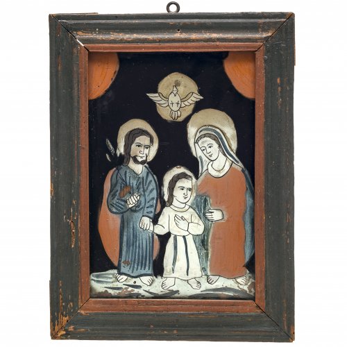Hinterglasbild. Raimundsreut, 19. Jh. Hl. Wandel. Tempera/Glas. Farbabrieb. 19 x 13 cm.