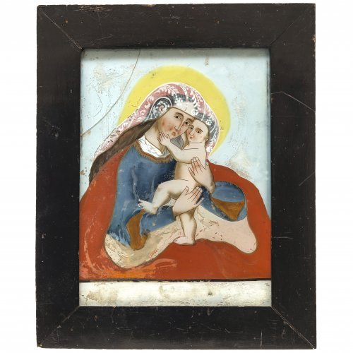 Hinterglasbild. Seehausen, 19. Jh. Gnadenbild Maria Hilf. Tempera/Glas. Glas mit Sprung, Farbabrieb, Rückwand erg. 25,5 x 19 cm.