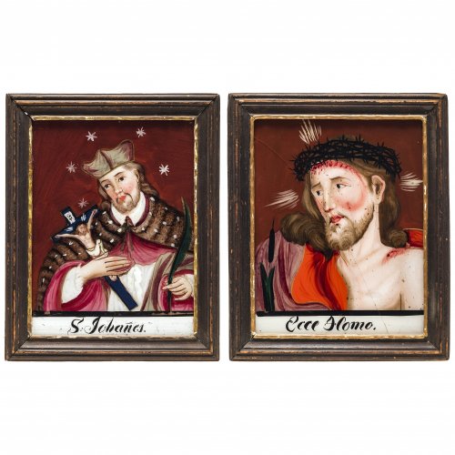 Zwei Hinterglasbilder. Staffelseegebiet. Hl. Johannes von Nepomuk bzw. Ecce homo. Tempera/Glas. Ein Glas mit Sprung, rest. Je ca. 22 x 17 cm.