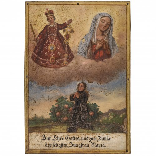 Votivtafel. Süddeutsch, 19. Jh. Lorettokindl und Marienbildnis, vor Rosenstrauch kniender Votant. Temper/Blech/Holz. Besch., rest. 38 x 26 cm.