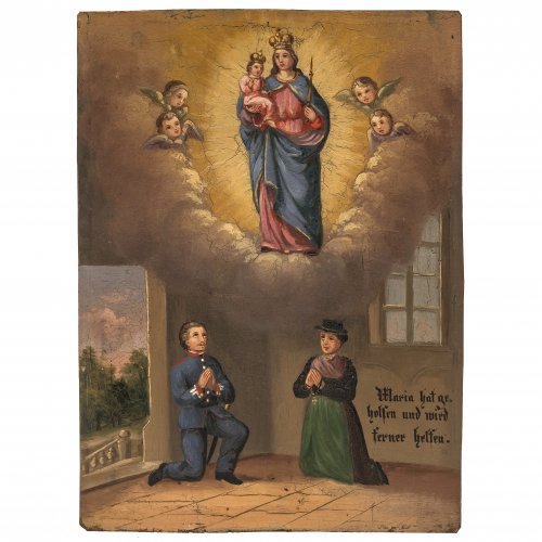 Votivtafel. Bayern, 19. Jh. Gnadenbild von Maria Brunn in Wolkenaureole, darunter Innenraum mit Votantenehepaar. Öl/Blech. Leicht besch. 28 x 21 cm.