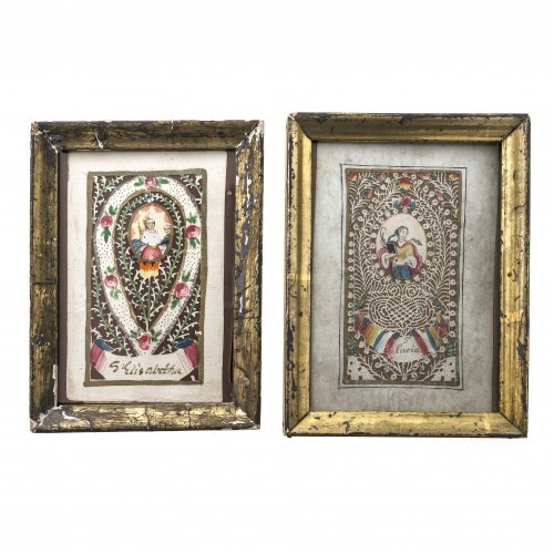 Zwei Spitzenbilder. Süddeutsch, 18. Jh. Hl. Lucia bzw. hl. Elisabeth. Minuziöse Papierschneidearbeit, aquarelliert. Je ca. 12 x 8 cm.