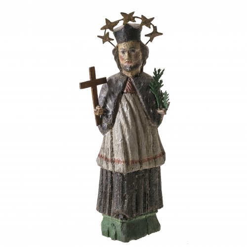 Hl. Nepomuks-Holzscheitelfigur. Süddeutsch. Farbig bemalt.  Ein Palmzweig lose. H. 27 cm.