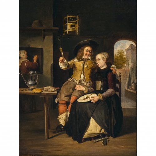 Metsu, Gabriel, Nachahmer. Kopie nach dem Selbstbildnis des Künstlers mit seiner Frau Isabella de Wolff,  Öl/Lw. 40 x 30 cm. Unsign.