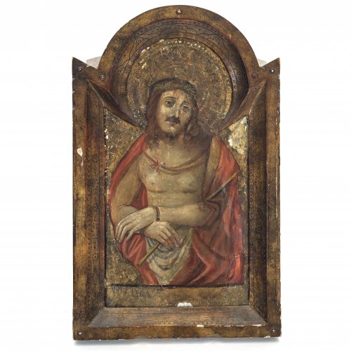 Altartafel. Gegeisselter Heiland. Im Stil des 14. Jh. Öl/Holz. 50,5 x 31,5 cm. Besch., rest.