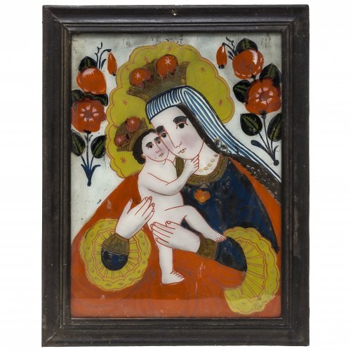 Hinterglasbild. Buchers/Sandl, 19. Jh. Maria Hilf. Tempera/Glas. Min. Farbablösungen. 38,5 x 28 cm.