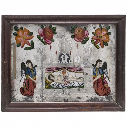Spiegelglasbild. Buchers/Sandl, 19. Jh. Das Grab Christi, von Engeln flankiert. Alterungsspuren. 27 x 36 cm.