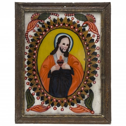 Hinterglasbild. Buchers/Sandl, 19. Jh. Strahlenkranzkartusche mit Herz-Jesu-Darstellung. Tempera/Glas. Min. Farbabrieb. 38,5 x 29 cm.