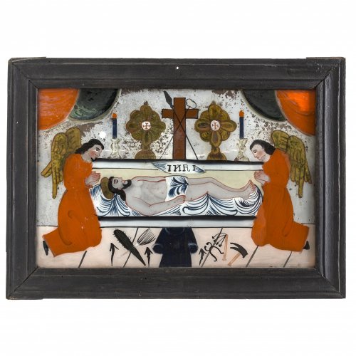 Hinterglasbild. Buchers/Sandl, um 1850. Das Grab Christi mit Arma Christi, von Engeln flankiert. Tempera/Glas. Farbablösungen. 18 x 29 cm.
