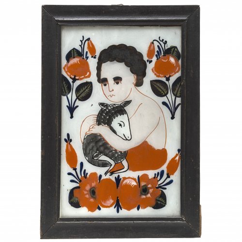 Hinterglasbild. Buchers/Sandl, Ende 19. Jh. Johannesknabe. Tempera/Glas. 29 x 18,5 cm.