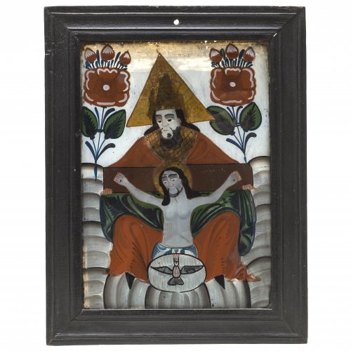 Hinterglasbild. Buchers/Sandl, 19. Jh. Gnadenstuhl. Tempera/Glas. Min. besch., rest. 25,5 x 17,5 cm.