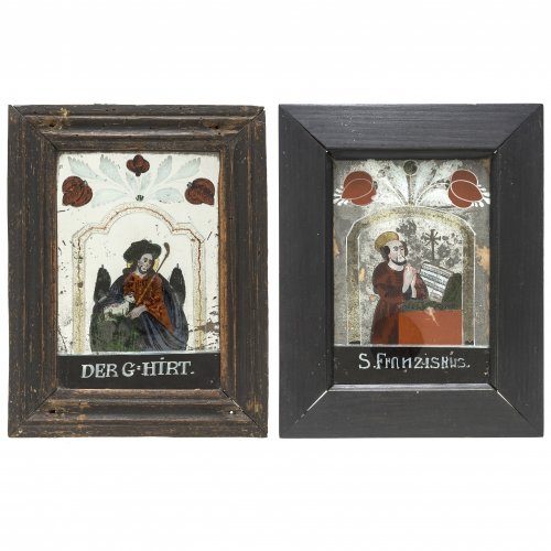 Zwei Spiegelglasbilder. Buchers/Sandl, um 1850. Jesus als Guter Hirte bzw. hl. Franziskus. Tempera/Glas. Besch. Je ca. 17,5 x 12 cm.