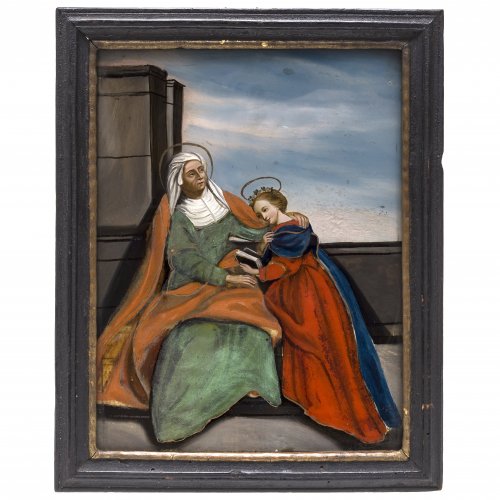 Hinterglasbild. Augsburg, um 1780. Mutter Anna lehrt Maria das Lesen. Tempera/Glas. Leicht besch. 23,5 x 17,5 cm.