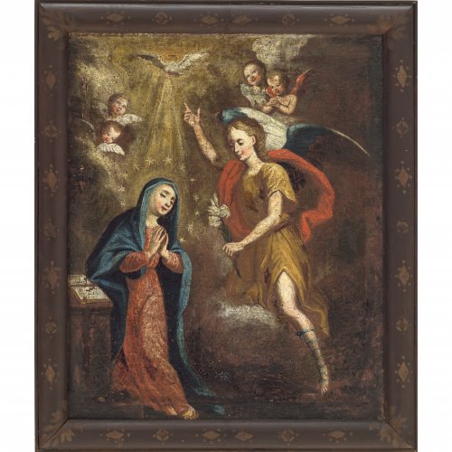 Österreich, 17. Jh. Verkündigung Mariä. Öl/Lw. 60 x 48,5 cm. Besch., rest. Unsign.