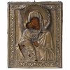 Ikone. Gottesmutter Wladimirskaja. Russland, 19. Jh. Mit Messingoklad. 30 x 25 cm.