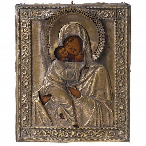 Ikone. Gottesmutter Wladimirskaja. Russland, 19. Jh. Mit Messingoklad. 30 x 25 cm.