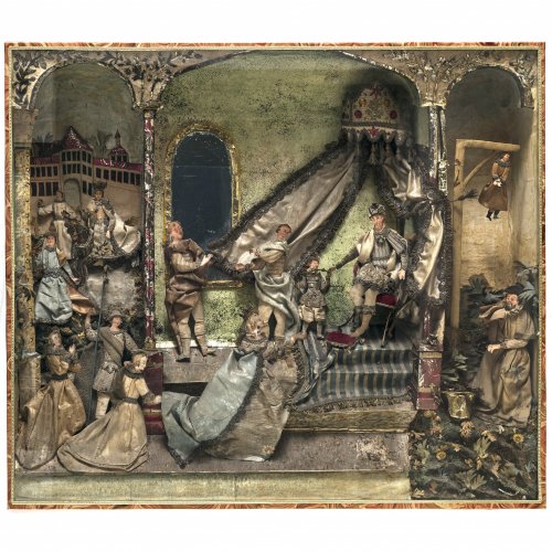 Kulissenbild. Süddeutsch, 18. Jh. Die Königin bittet den den Herrscher um Gnade. Alterungsspuren. 54 x 62 cm.