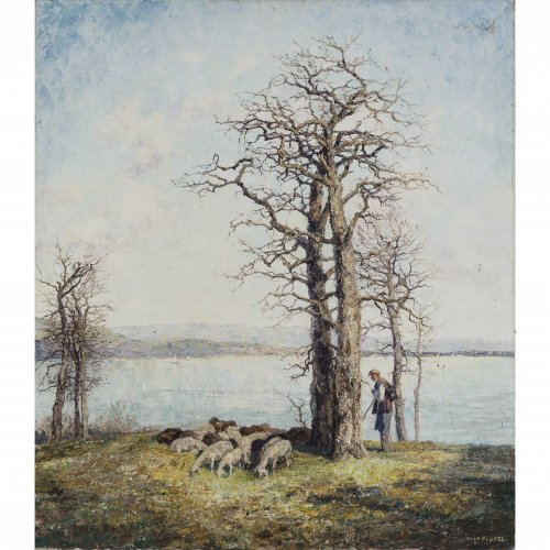 Pippel, Otto. Schäfer mit seiner Herde am Seeufer im Vorfrühling. Öl/Lw. 115 x 100 cm. Sign.
