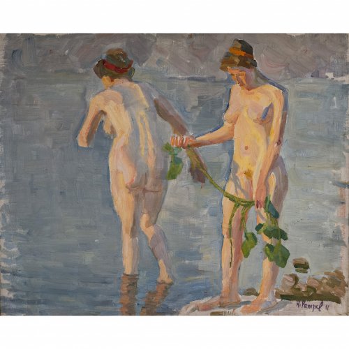 Pampel, Hermann. Zwei Mädchenakte am Wasser. Öl/Lw. 58 x 73 cm.