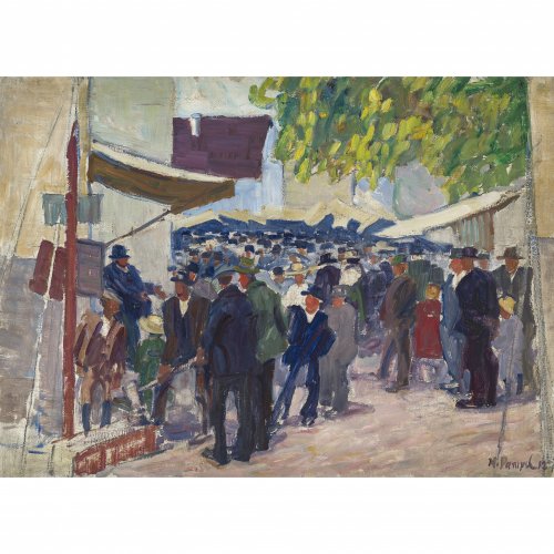 Pampel, Hermann. Jahrmarkt. Öl/Karton. 49,5 x 67 cm. Sign., dat. 1912.