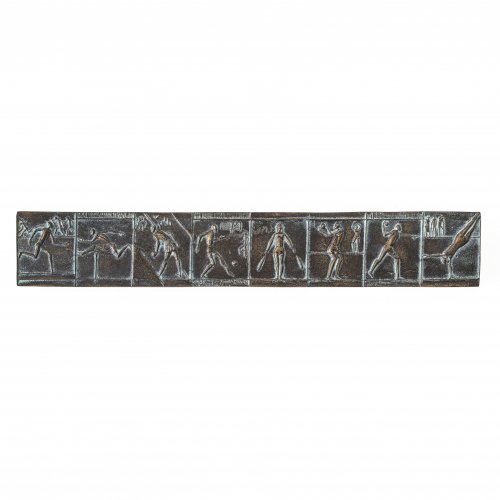 Reidel, Karl. Bronzeplakette mit Darstellungen diverser Sportarten. 4,5 x 27,5 cm. Namensstempel, dat. 83.